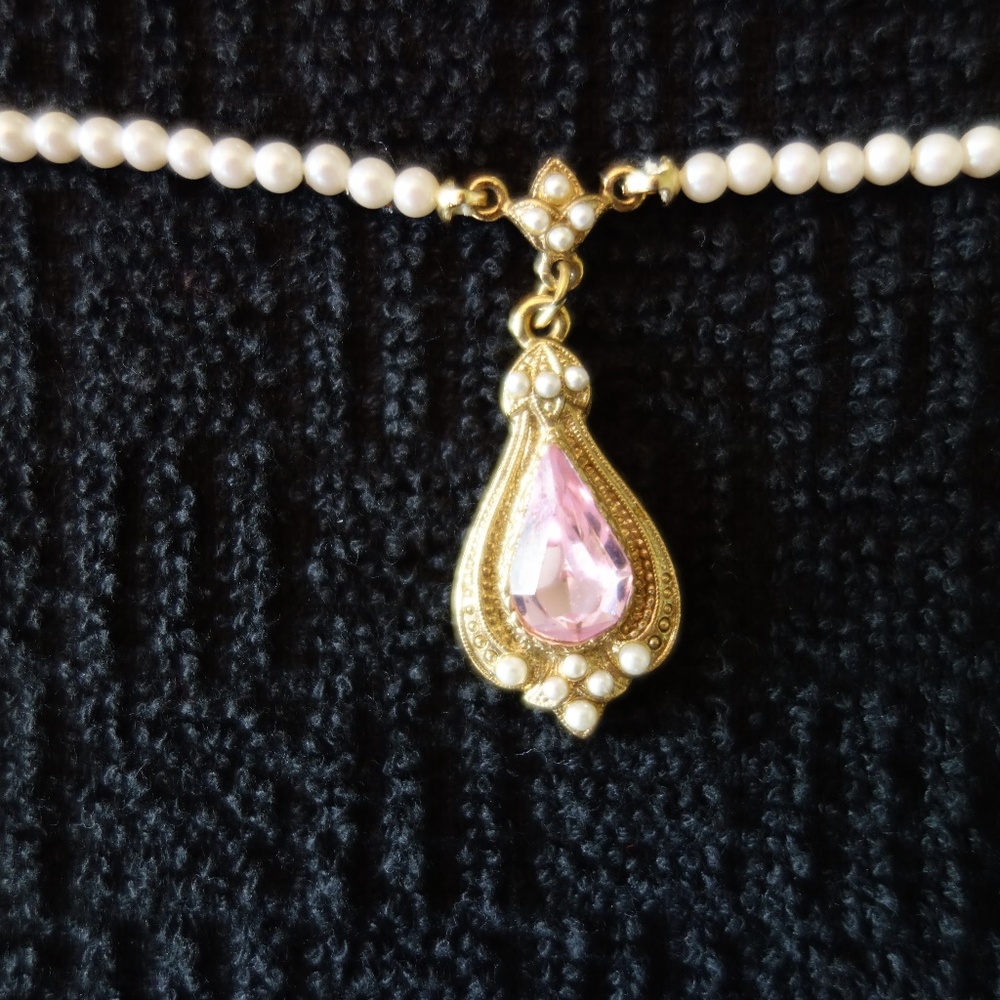 1928 Faux Pearl & Pink Topaz Necklace